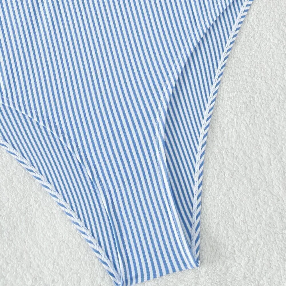 Blue and White Boho Womens Swim Summer Beach Striped Ruffle Trim Bikini Swimsuit
